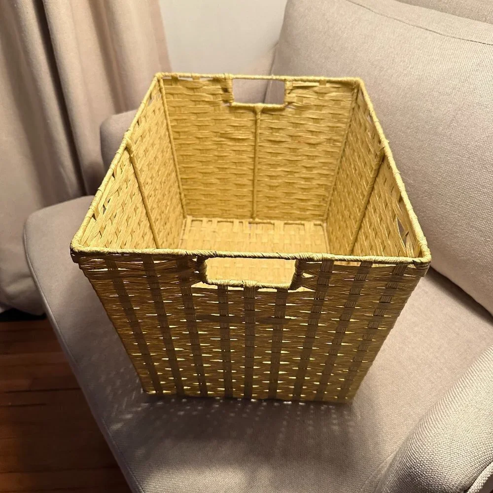 Yellow Woven Cord Tote Basket With Handles